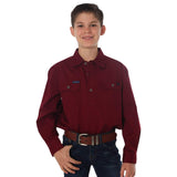 Ord River Half Button Kids Work Shirt Burgundy