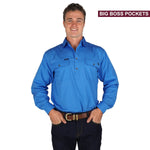 Boss Mens Half Button Work Shirt Blue