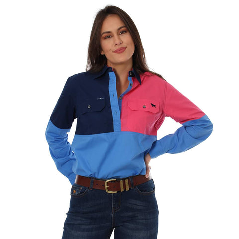 Dakota Womens Spliced Work Shirt Navy/Melon/Blue